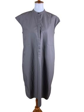 Muji Gray Midi Dress Cap Sleeve Button Front Minimalist Cotton Relaxed Medium